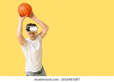 Man in virtual reality headset playing basketball, immersive gaming experience, digital entertainment and sports simulation
