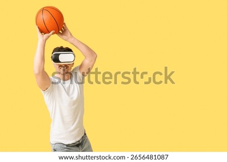 Man in virtual reality headset playing basketball, immersive gaming experience, digital entertainment and sports simulation