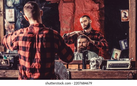 Man Visiting Hairstylist In Barbershop. Bearded Man In Barbershop. Work In The Barber Shop. Man Hairstylist.