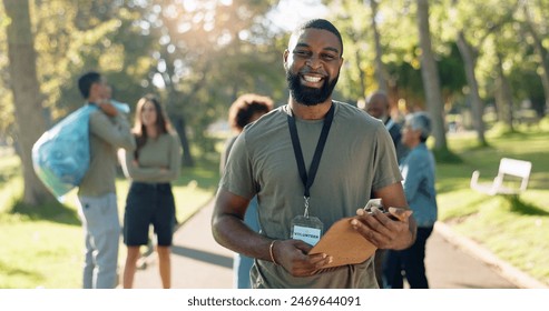 Man, volunteer and smile portrait with clipboard in nature, checklist and environment sustainability project with group. Recycle, waste management and cleaning outside trash, help and ngo support - Powered by Shutterstock