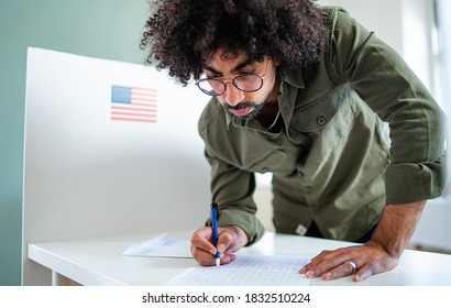 Man Voter In Polling Place, Usa Elections Concept.