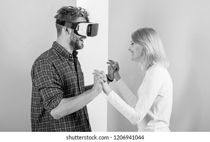 Man VR Glasses Enjoy Video Game. Best Gift Ever. Man Enjoy Virtual Reality. Girl Happy He Like Her Gift. Gift Ideas For Men. Make Him Happy Gift Him Virtual Reality Glasses And Let Play Games All Day.