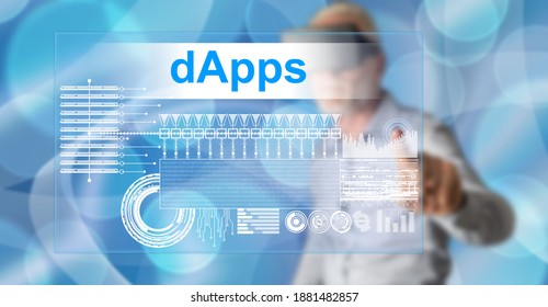 Man with vr headset touching a dapps concept on a touch screen with his finger