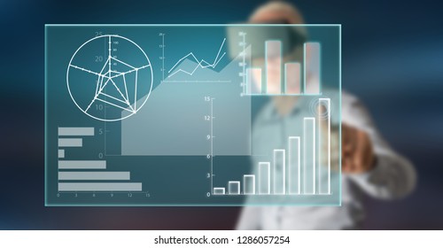 Man with vr headset touching a data analysis concept on a touch screen with his finger - Powered by Shutterstock - Get 15% off with code: PIKWIZARD15