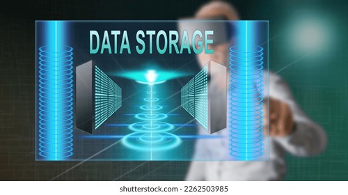 Man with vr headset touching a data storage concept on a touch screen with his finger