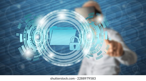 Man with vr headset touching a data security concept on a touch screen with his finger