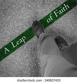 Man Walking Across A Green Line With Words A Leap Of Faith