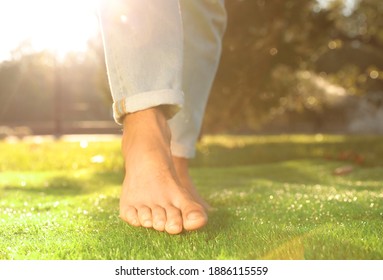 Man Walking Barefoot On Fresh Green Stock Photo (Edit Now) 1886115559