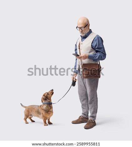 Man walking the dog and checking the smartphone, the dog is staring at him, isolated on white background
