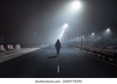 A man walking down an empty street during fog