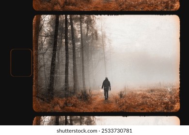 Man walking in misty woods forest nature. Analog image ofMan walking in misty woods forest nature with film camera frame. Vintage film photography of  Man walking in forest nature - Powered by Shutterstock