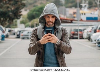 Man Walking Mobile Phone Backpack City Stock Photo 2206810461 ...