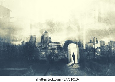 Man walking in a mystic dark city - Powered by Shutterstock