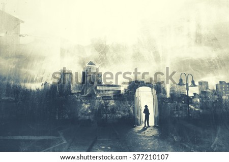 Man walking in a mystic dark city
