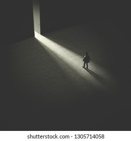 Man Walking In The Night Following Light, Open Door Concept