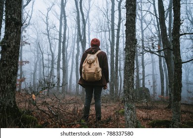 man walking on a dark path through a spooky forest. Hipster with a backpack behind his back goes on a trip