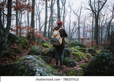man walking on a dark path through a spooky forest. Hipster with a backpack behind his back goes on a trip