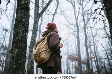 man walking on a dark path through a spooky forest. Hipster with a backpack behind his back goes on a trip