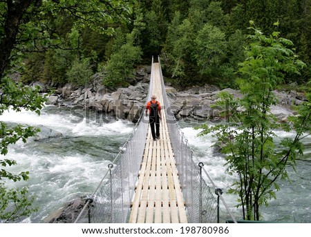 Man walking on a suspension bridge
