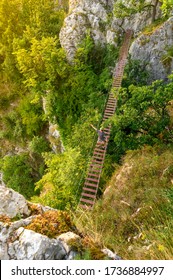 Man Walking On Via Ferrata Trail, Casa Zmeului, Romania