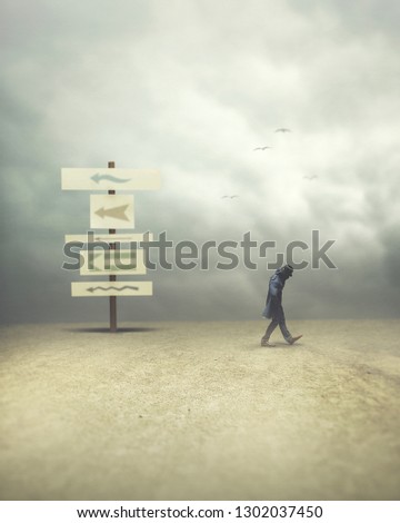 man walking opposite and contrary direction; surreal concept