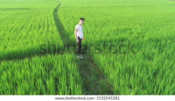 Man\
walking in a rice field. Man from the back on a long country path.\
Green field in the summer, Farmer walking through a green  field on\
morning day, Young man walking in the field,\
alone.