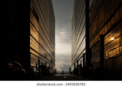 Man walking with a suitcase  in between two office buildings during the sunset - Powered by Shutterstock