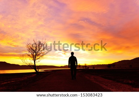 Man walking at sunset on the mountain lake in a majestic summer sunset