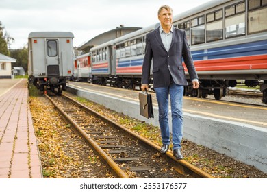 man walks along railway tracks in autumn, carrying a briefcase, showcasing a blend of nature and urban life during a crisp fall day. High quality photo - Powered by Shutterstock