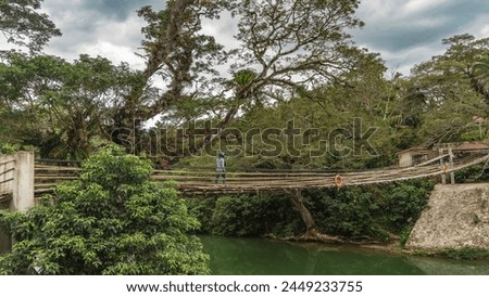 A man walks on a rickety Bamboo Hanging Bridge spanning the river. The lifebuoy is suspended from the railing. Lush tropical vegetation. Clouds in the sky. Philippines. Bohol. Sipatan River. Sevilla