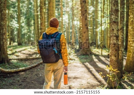 man in warm clothes enjoys a walk in a pine forest