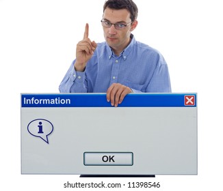 Man warning about a technology or computer issue - with blank computer message