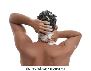 Man Washing Hair On White Background, Back View