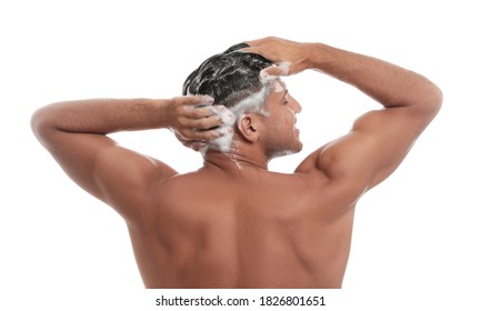 Man Washing Hair On White Background, Back View