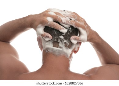 Man Washing Hair On White Background, Back View