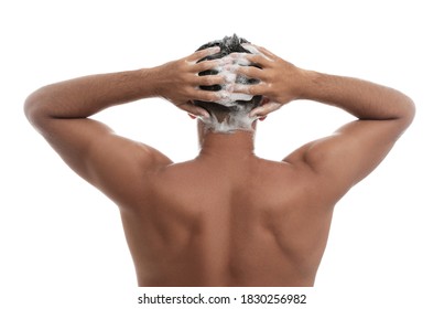 Man Washing Hair On White Background, Back View