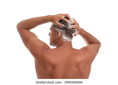 Man Washing Hair On White Background, Back View