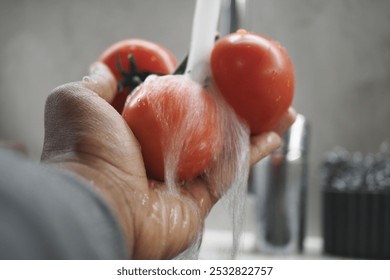 Man Washing Tomatoes with Tap Water.  - Powered by Shutterstock