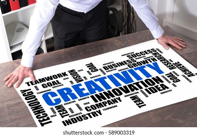 Man watching a creativity word cloud concept placed on a desk