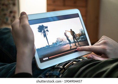 Man Watching Movie Stream. Person Using The Player Timeline To Rewind Or Skip Parts Of An Online Video. Bad Entertainment Or Slow Internet. Tv Series In An On Demand Streaming Site. Digital VOD Tech.