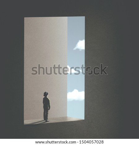 man watching the sky trought a surreal window; abstract concept