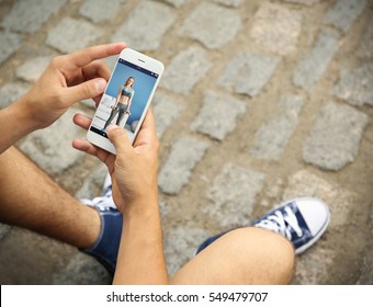 Man Watching Sport Training Online On Smartphone. Fitness And Sport Blog.