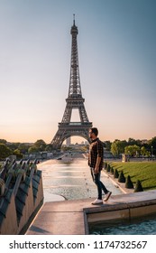 Man Watching Sunrise By Eifel Tower, Man Looking At Eifel Tower City Trip In Paris