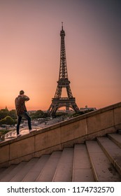 Man Watching Sunrise By Eifel Tower, Man Looking At Eifel Tower City Trip In Paris