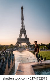 Man Watching Sunrise By Eifel Tower, Man Looking At Eifel Tower City Trip In Paris