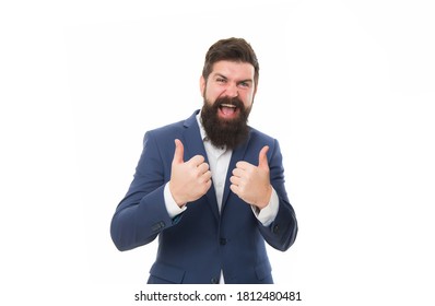 Man. We Offer Only The Best. Happy Businessmen Give Thumbs Up Hands. Bearded Man Smile With Thumbs Up Gesture. Gesturing Thumbs Up. Hand Signs. Thumbs Up Approval.