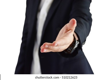 man wear suit open hands ,welcome,white background ,focus on the hand 