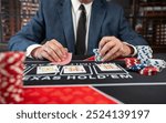 man wear suit playing poker at casino table, winning Royal Flush at casino. Gambling concept