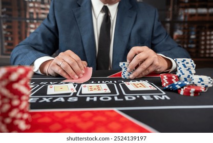 man wear suit playing poker at casino table, winning Royal Flush at casino. Gambling concept