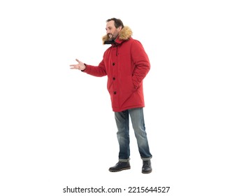 Man Wear Warm Winter Outwear In Studio. Hello Gesture. Mature Man In Red Puffer Coat Outwear.